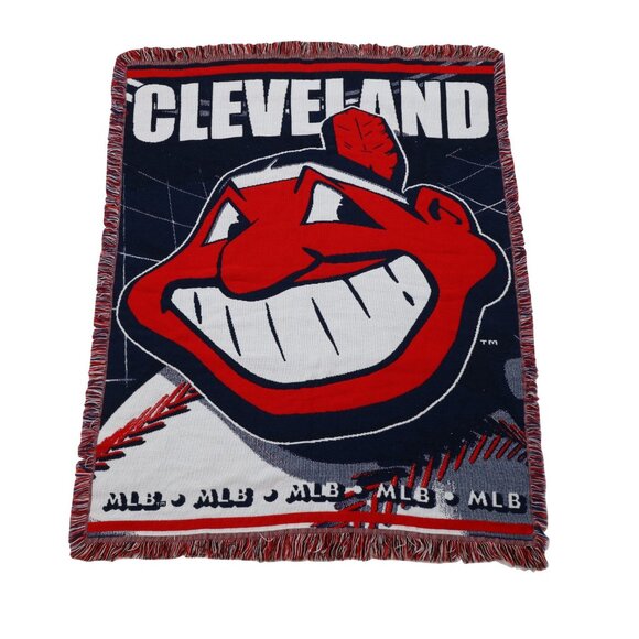 Vtg 90s Spell Out Chief Wahoo Cleveland Indians Baseball Fringed Blanket 44"x55" - Picture 1 of 11